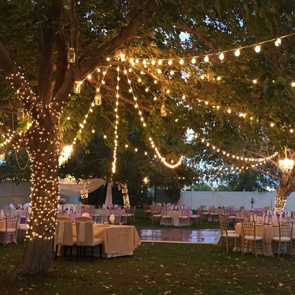 Festoon Lighting strung over wedding reception
