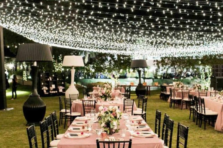 Mesmerizing party lights illuminating a wedding.