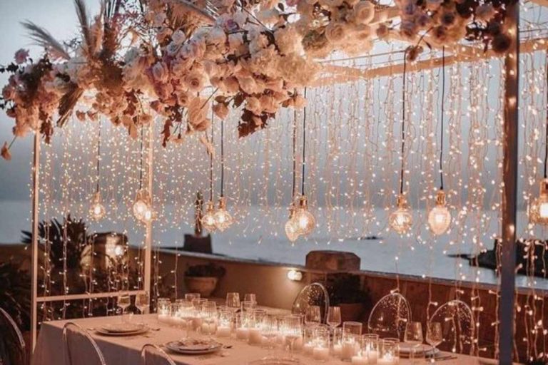 Stunning festoon lights illuminating a wedding.