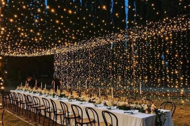 Mesmerizing lighting canopy at a wedding reception