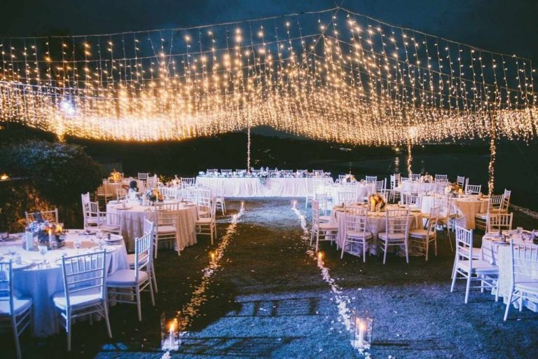 Beautiful party festoon lights illuminating a party.