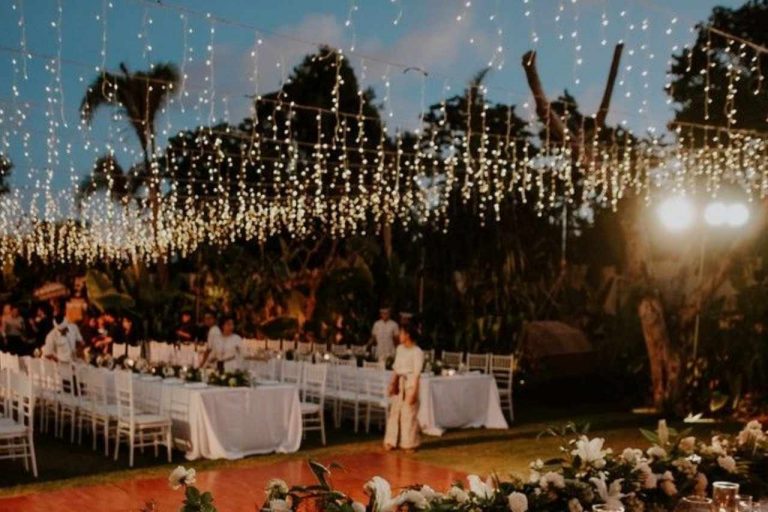 Beautiful party festoon lights illuminating a party.