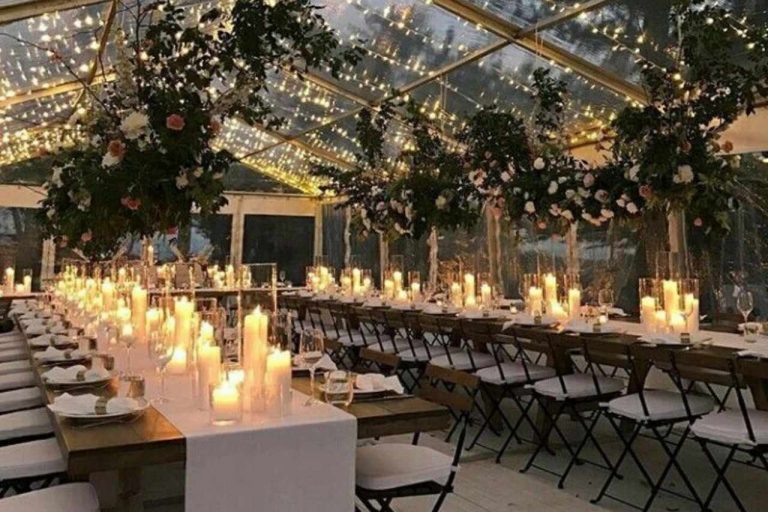 Delightful lighting canopy at a wedding day