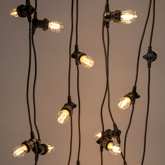 Commercial festoon lights in black hanging from ceiling