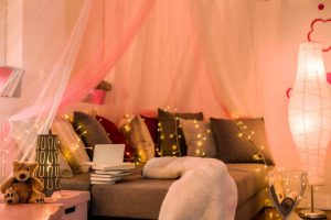 Bedroom fairy lights in a pink room, sparkling and glistening like in a fairy tale