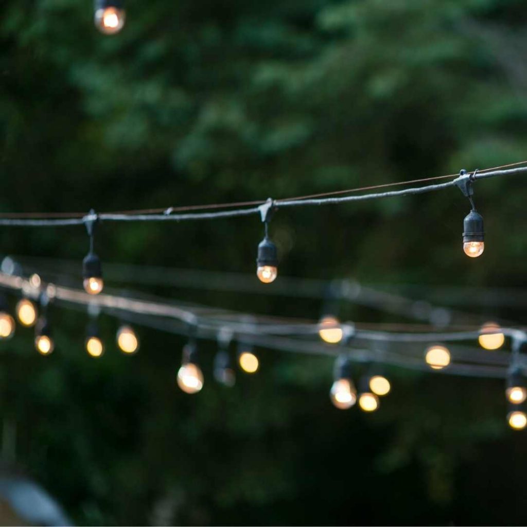 Glowing festoon lights hung up outdoors in front of green trees